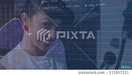 Image of financial data processing over people people at the gas station Image of financial data processing over people people at the gas station 115957221