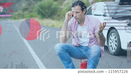 Image of financial data processing over man sitting on canister 115957226