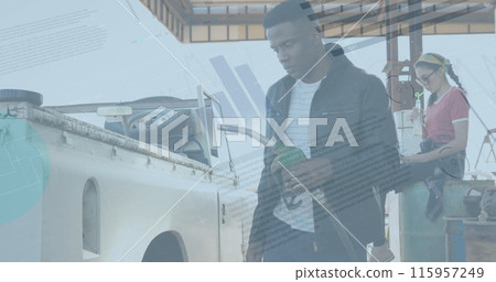 Image of financial data processing over people at the gas station Image of financial data processing over people at the gas station 115957249
