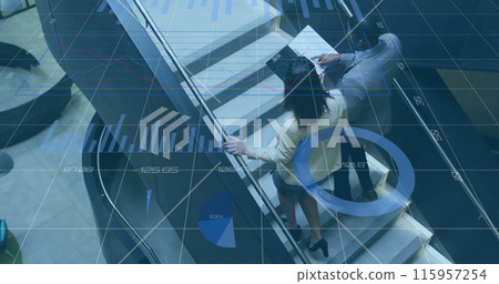 Image of charts and data processing over two diverse business colleagues in discussion on stairs 115957254