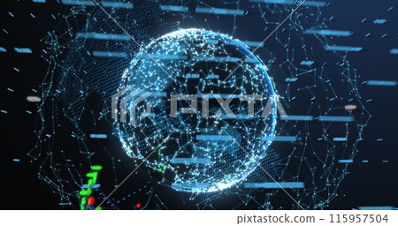 Image of financial data processing over network of connections and globe against blue background 115957504