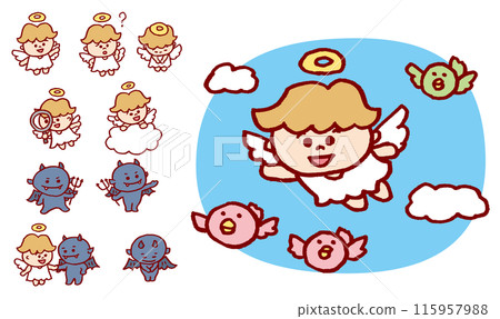 Childlike angel and devil cute character illustration 115957988