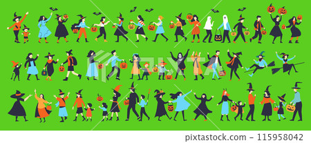 人們在萬聖節快樂遊行的簡單人物的向量插圖集 115958042