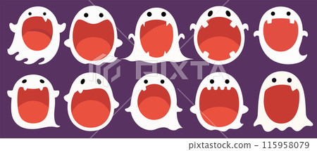 一組張開嘴巴、文字空間的鬼魂的可愛插圖 一組張開嘴巴、文字空間的鬼魂的可愛插圖 115958079