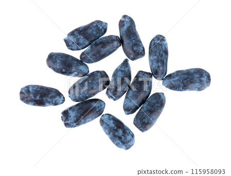Honeysuckle isolated on white background. Fresh honeysuckle blue berry fruits. Clipping path. Top view. Honeysuckle isolated on white background. Fresh honeysuckle blue berry fruits. Clipping path. Top view. 115958093