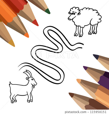 Vector isolated illustration of a task for the development of motor skills. Tasks for kindergarten. Vector isolated illustration of a task for the development of motor skills. Tasks for kindergarten. 115958151