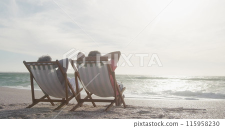Senior biracial couple relaxing on beach chairs by sea 115958230