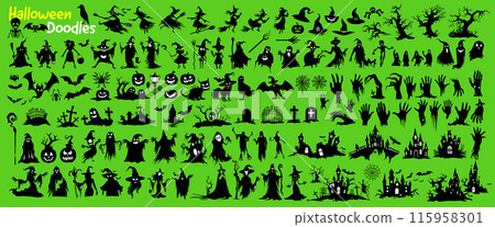 怪異的萬聖節塗鴉剪影插圖集：女巫、蝙蝠、蜘蛛、南瓜、殭屍手 115958301