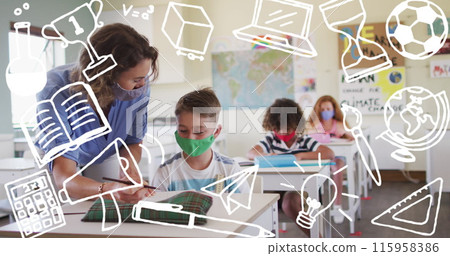 In school, a Caucasian teacher helps a Caucasian male student, while friends watch 115958386