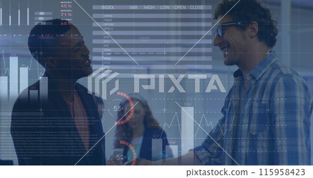 Diverse group of friends discussing over digital data 115958423