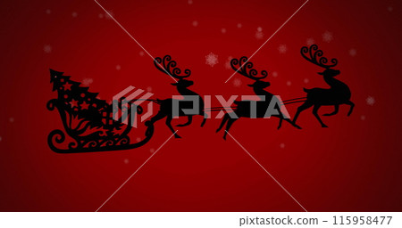 Santa Claus riding in sleigh pulled by reindeer, flying across red background 115958477