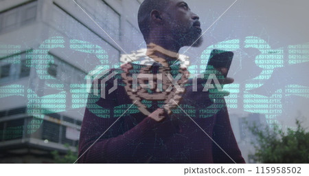 A middle-aged African American healthcare worker holding smartphone 115958502