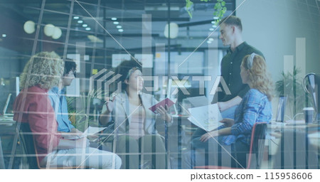 Diverse team of young professionals discussing work in office 115958606