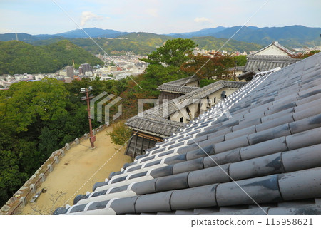 Matsuyama Castle in Ehime Prefecture: View to the east from the castle tower and part of the roof tiles Matsuyama Castle in Ehime Prefecture: View to the east from the castle tower and part of the roof tiles 115958621