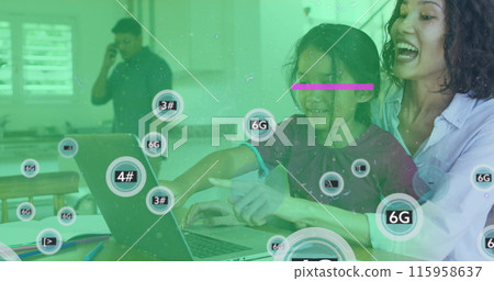 A diverse family is learning about technology together 115958637