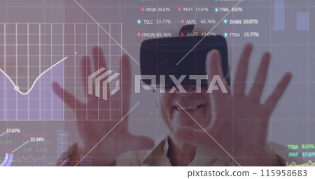 Caucasian senior male wearing virtual reality headset, smiling 115958683