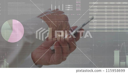 An Asian older adult male analyzing financial data on transparent screen 115958699