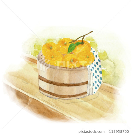 Watercolor illustration of yuzu in a bucket Yuzuyu with background [hand-drawn] White background Copy space Transparent background 115958700