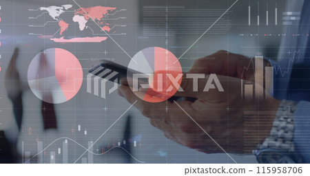 A person is pointing at digital graph on a transparent screen 115958706