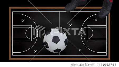 Person wearing soccer shoes standing on chalkboard with a soccer field drawn on it 115958751
