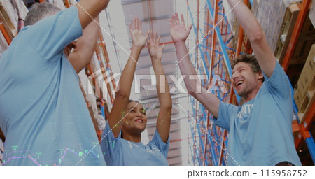 Hispanic female coworker and two Caucasian male coworkers celebrating 115958752