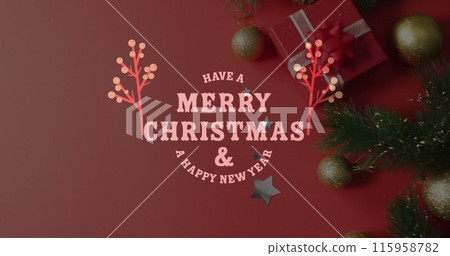 Holiday decor frames festive greeting for a merry Christmas and joyous New Year Holiday decor frames festive greeting for a merry Christmas and joyous New Year 115958782