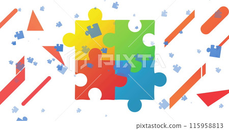 Colorful puzzle pieces connecting in center, small pieces scattered around Colorful puzzle pieces connecting in center, small pieces scattered around 115958813
