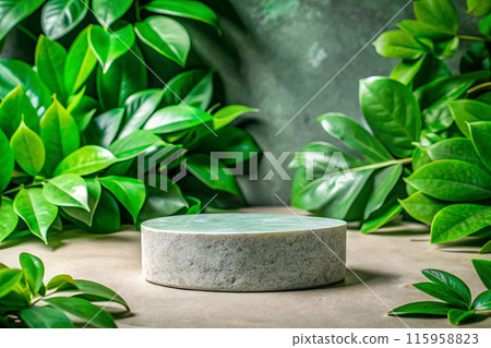 Round, stone platform on a gray background among the leaves of green plants, mockup 115958823