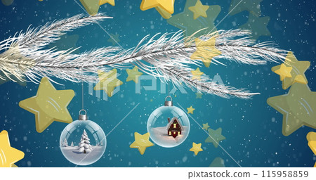 Snowflakes are falling gently around festive decorations hanging from branch Snowflakes are falling gently around festive decorations hanging from branch 115958859