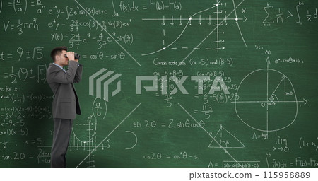 Caucasian male great-grandson wearing suit, looking through binoculars 115958889