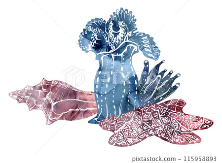 Watercolor and ink hand drawn marine life, sea ocean underwater creatures. fish, shells algae seaweed. Composition illustration, stylized, isolated on white. For zoo shop, aquarium, cosmetics, resort Watercolor and ink hand drawn marine life, sea ocean underwater creatures. fish, shells algae seaweed. Composition illustration, stylized, isolated on white. For zoo shop, aquarium, cosmetics, resort 115958893