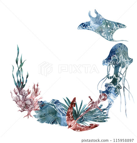 Watercolor and ink hand drawn marine life, sea ocean underwater creatures. fish, shells algae seaweed. Wreath frame illustration, stylized, isolated on white. For zoo shop, aquarium, cosmetics, resort Watercolor and ink hand drawn marine life, sea ocean underwater creatures. fish, shells algae seaweed. Wreath frame illustration, stylized, isolated on white. For zoo shop, aquarium, cosmetics, resort 115958897