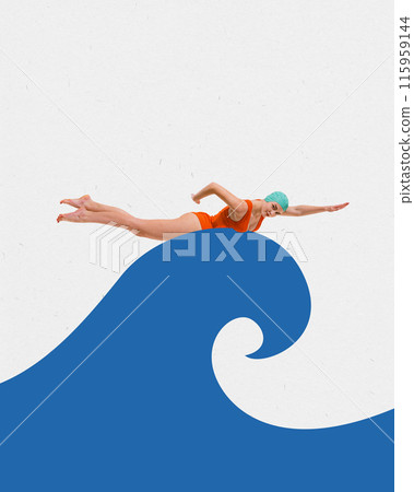 Poster. Contemporary art collage. Professional sportsman, woman in red swimming suit swimming on painted wave. Poster. Contemporary art collage. Professional sportsman, woman in red swimming suit swimming on painted wave. 115959144