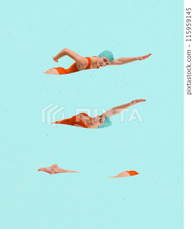 Poster. Contemporary art collage. woman in orange swimsuit and green swim cap performing swimming styles against cyan background, as water. Poster. Contemporary art collage. woman in orange swimsuit and green swim cap performing swimming styles against cyan background, as water. 115959145