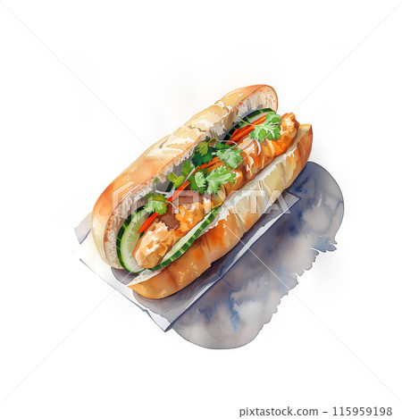 白色背景上雞肉和蔬菜的 Banh Mi 水彩插圖 115959198
