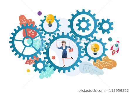 Business woman running in gear wheels. Business woman running in gear wheels. 115959232