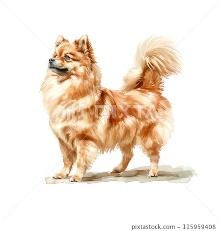Watercolor illustration of a brown pomeranian on a white background Watercolor illustration of a brown pomeranian on a white background 115959408
