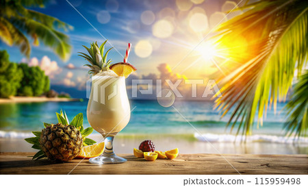 tropical pina colada cocktail on the beach at sunset tropical pina colada cocktail on the beach at sunset 115959498