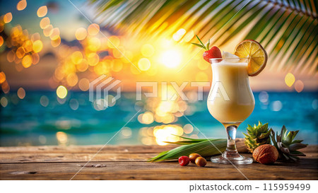 tropical pina colada cocktail on the beach at sunset tropical pina colada cocktail on the beach at sunset 115959499