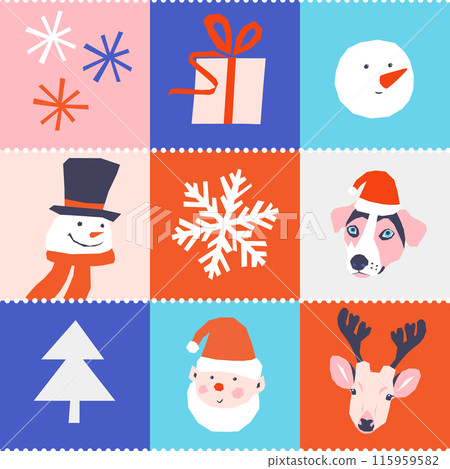 Vector seamless pattern with Christmas snowmen, elves, deer and dogs 115959582