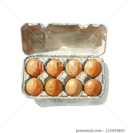 Watercolor illustration of eggs in a carton on white background 115959697