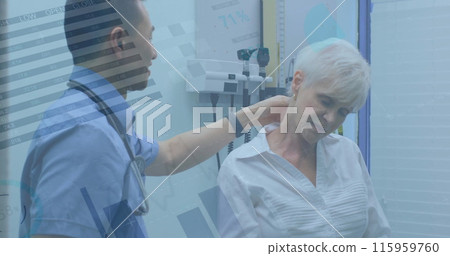 Image of data processing over caucasian male doctor with patient 115959760