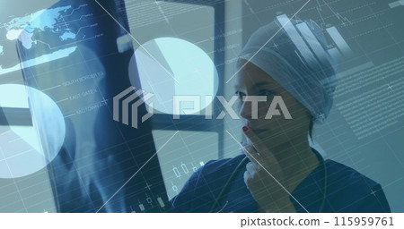 Image of data processing over caucasian female doctor 115959761