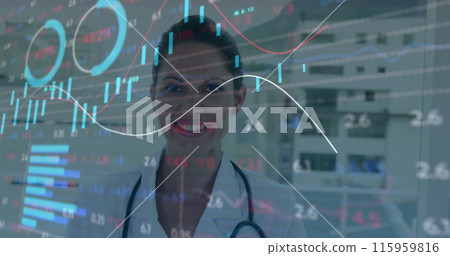 Image of financial data processing over caucasian female doctor in hospital Image of financial data processing over caucasian female doctor in hospital 115959816