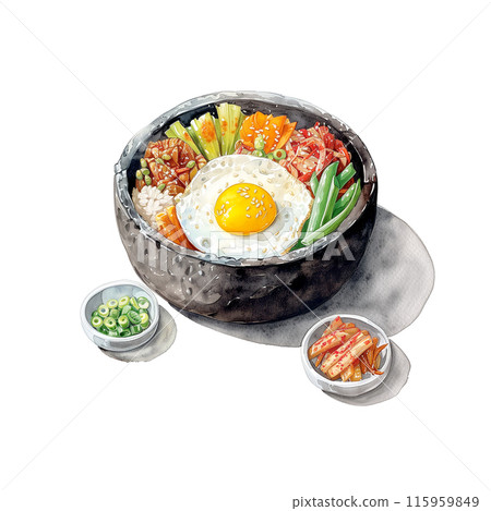 白色背景石烤石鍋拌飯的水彩插圖 白色背景石烤石鍋拌飯的水彩插圖 115959849