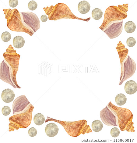Shell and pearls watercolor round frame isolated on white. High quality hand-drawn illustration for notebooks, cards, posters, restaurant menu, souvenirs, stickers, tourism ads, dishes, room decor Shell and pearls watercolor round frame isolated on white. High quality hand-drawn illustration for notebooks, cards, posters, restaurant menu, souvenirs, stickers, tourism ads, dishes, room decor 115960017