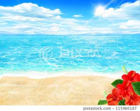 Hibiscus - beautiful resort beach frame illustration background material with summer sandy beach and blue sky and sea with clouds Hibiscus - beautiful resort beach frame illustration background material with summer sandy beach and blue sky and sea with clouds 115960187