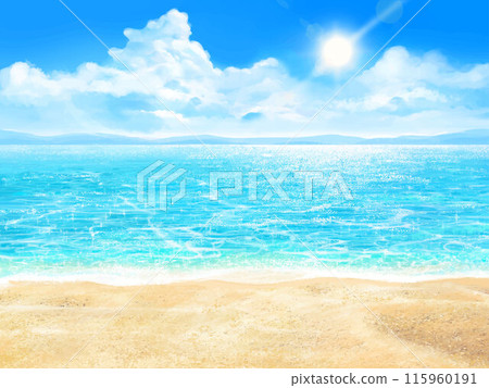 夏季海灘-美麗的度假村海灘框架插畫背景材料藍天和大海與陽光和雲彩 115960191