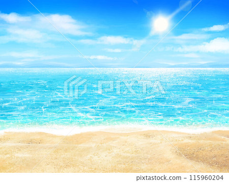 Summer sandy beach - beautiful resort beach frame illustration background material with blue sky and sea with sun and clouds 115960204