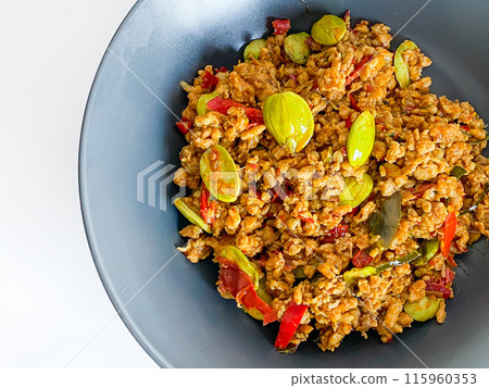 Thai Southern Food, Stir Fried Minced pork with yellow curry, Kua Kling Thai Southern Food, Stir Fried Minced pork with yellow curry, Kua Kling 115960353